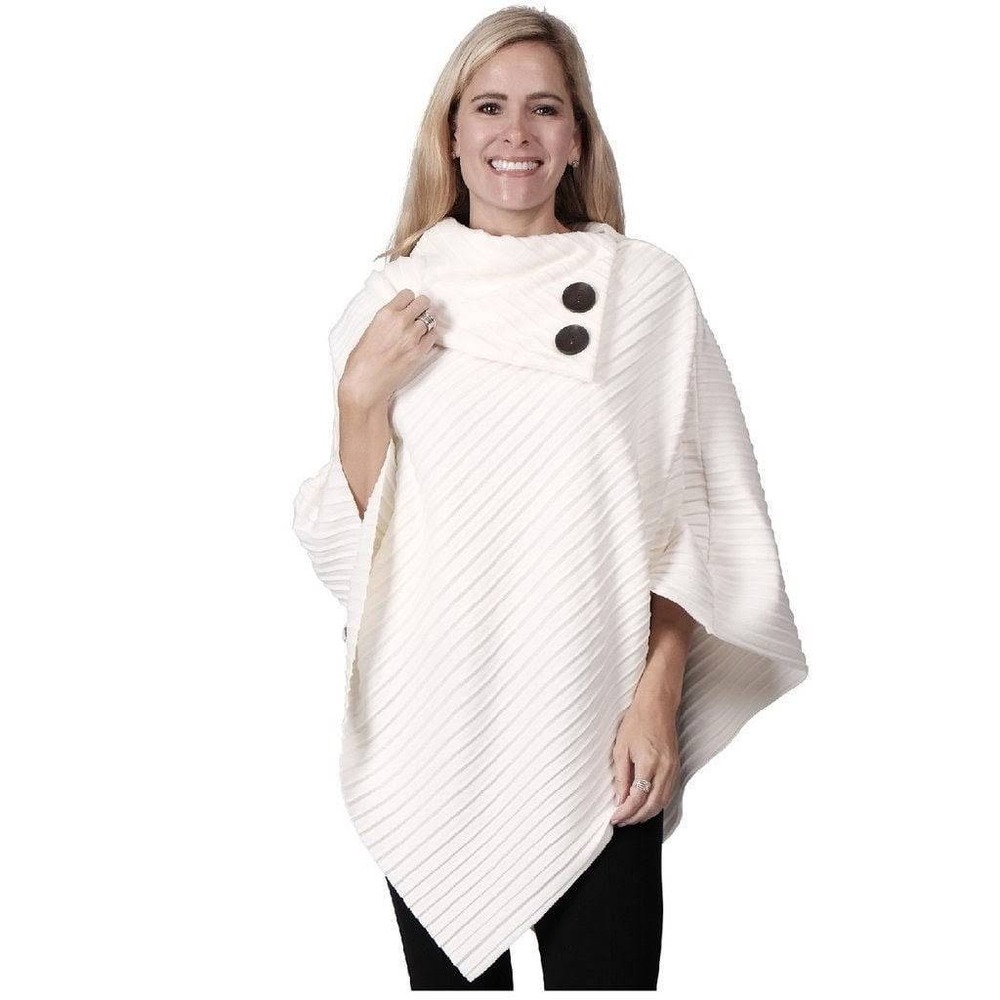 Le Moda Button Poncho Women OS Ivory Neutral Minimalist Ribbed Knit Wrap Shawl